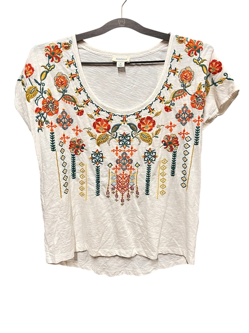 Sundance Short-Sleeve Scoop Neck Slub Tee Floral Embroidery Medium Boho Peasant